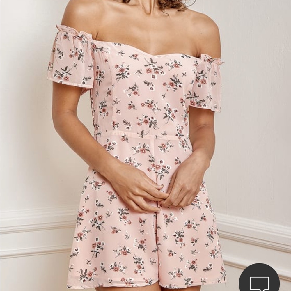 Lulus “in the meantime floral print off the shoulder romper” in light pink